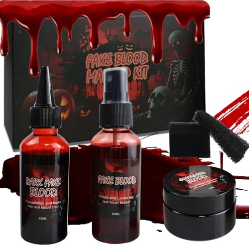 #VerdientProvisionen<br>Kunstblut Halloween 5 Set Halloween Wunden Schminke Erwachsene Kinder 60ml Waschbar Kunstblut Spray und 60ml Tropfendes Kunstblut und 30ml Blutcreme für SFX Make up horror schminke Zombies Vampire