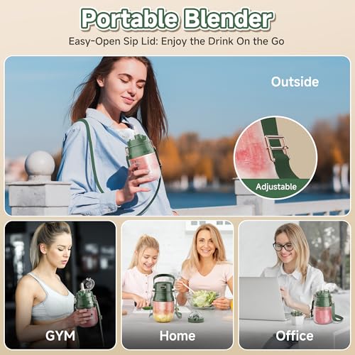 Image of Portable Blender, Prasky Personal Blenders for Shakes and Smoothies with 27oz Cup, Lid and Shoulder Strap, Type-C USB Rechargeable, Personal Size Blenders BPA-free for Travel /Kitchen(Green) | Mini Blender, Type-C USB Rechargeable, BPA-Free, for Gym /Travel /Kitchen, Shakes, Smoothies, Green