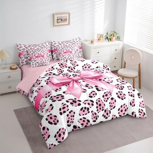 Image of Castle Fairy Pink Bow Knot Bedding Sets with Sheets,Comforter,Pillowcases,Pillow Covers 7 Pcs King Size Bowknot Ribbon Girly Romantic Comforter Set Pink Black Leopard Print Decor Bedroom Dorm Bed Set