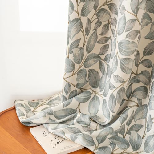 Image of Sage Green Leaf Blackout Curtains 96 Inch Length