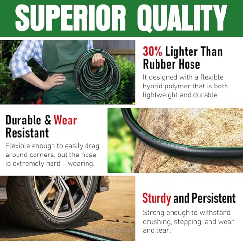 Image of Garden Hose 100 ft x 5 /8 inch with Nozzle, Water Hose Heavy Duty Flexible, Lightweight Kink-less Hybrid Hose with Swivel Handle, Male to Female Fittings (Green, 100FT)