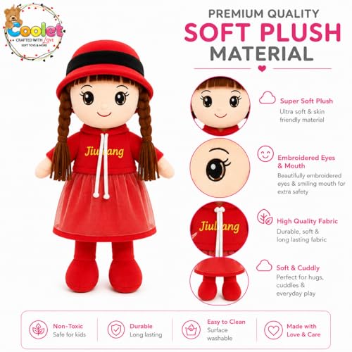 Image of Jiuliang Girl Soft Plush Doll 42 cm | Cute Red Dress Doll with Hat & Long Braided Hair | Embroidered Eyes & Smile | Stuffed Toy for Kids Girls