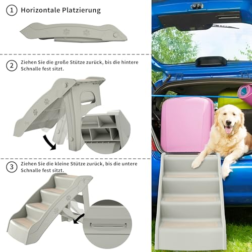 YRHome Hundetreppe Klappbar Tiertreppe Haustiertreppe 4 Stufen 50cm Hoch Katzentreppe mit Rutschfesten Matte und Stützstange Hunderampe für Hunde Katze bis zu 75 kg Grau