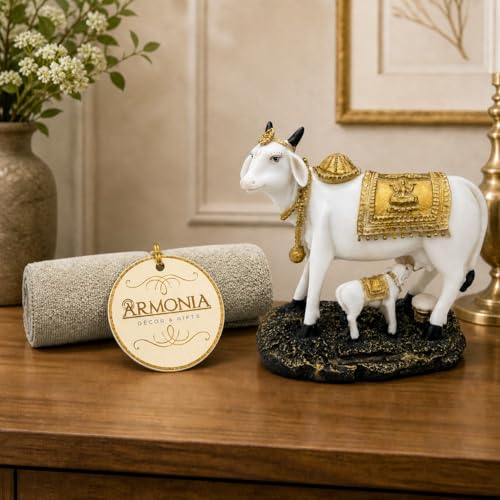 Image of ARMONIA Kamdhenu Cow with Calf Idol for Home Decor | Dust Marble Finish Gau MATA Statue | Vastu & Feng Shui Good Luck Showpiece for Living Room, Pooja Room | Wedding & Housewarming Gift (24cm)