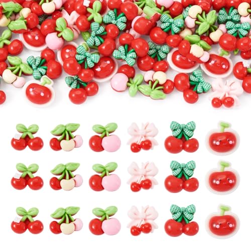 Beadthoven 50Pcs Cherry Resin Cabochons Cute Sweet Fruit Resin Scrapbooking Embellishments Flat Back Fruit Food Beads Charms Ornament Bulk For Hair Clips Phone Case Diy Crafts