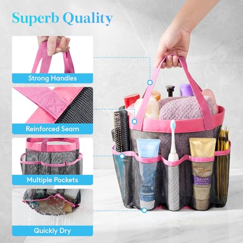 Lifewit-Mesh-Shower-Caddy-Portable-for-College-Dorm-Room-Essentials-with-7-Pockets-Freestanding-Hanging-Organizer-Basket-Quick-Dry-Tote-Bag-for-Camping-Bathroom-Beach-Travel-1-Pack-Pink-2-Handles-Free