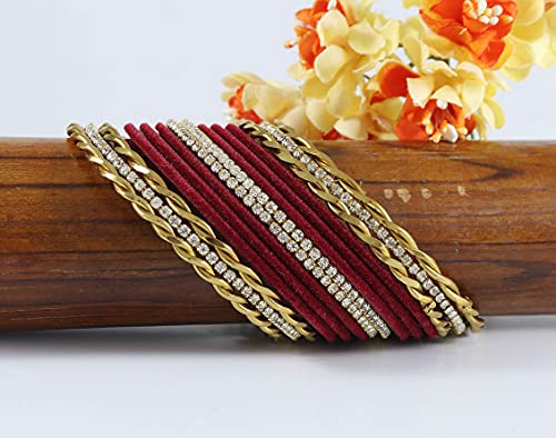 Image of NMII Gold Plated Metal Velvet Bangles Set For Women & Girls with Zircon Gemstone Studded | Traditional Women's Bangles | Designer Gold Bangles | Fashion Jewellery- Set of 28