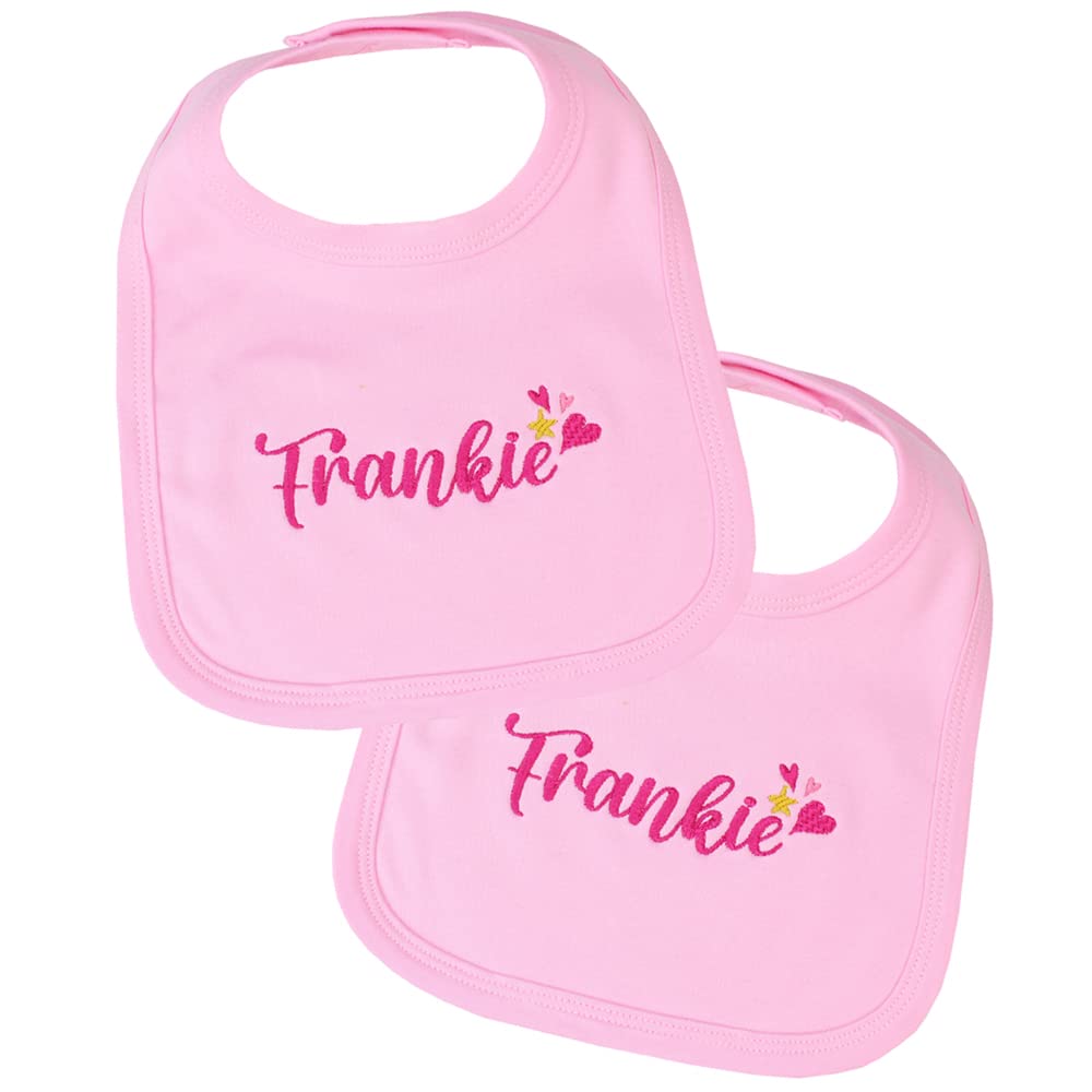 TeddyT's Personalised Baby Girls Pink Cotton Bib with Hearts & Stars Embroidery (2 Bibs)