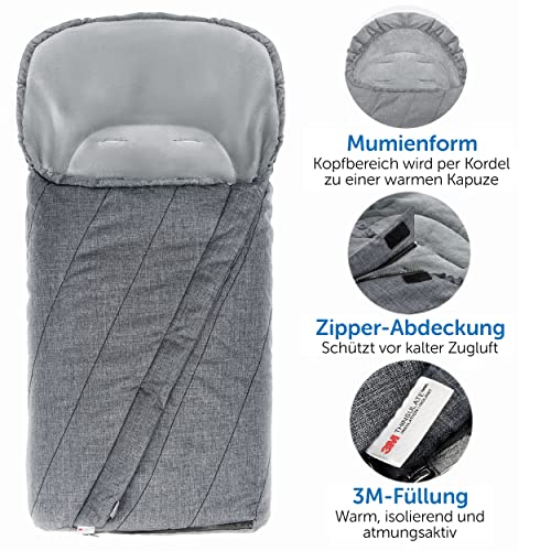 Zamboo Winter Fußsack 3M für Kinderwagen & Buggy - leichter Universal Thermo Winterfußsack mit warmer Thinsulate Füllung, Anti-Rutschschutz, Mumien Kapuze und Tasche - Grau
