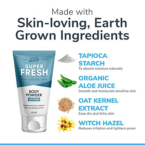 Super Fresh Body Powder Lotion By Sweatblock - Talc Free, Anti-Chafing, Deodorizing, Natural Ingredients - No Mess Body Powder Lotion For Men And Women - 4 Fl Oz. #TOP1
