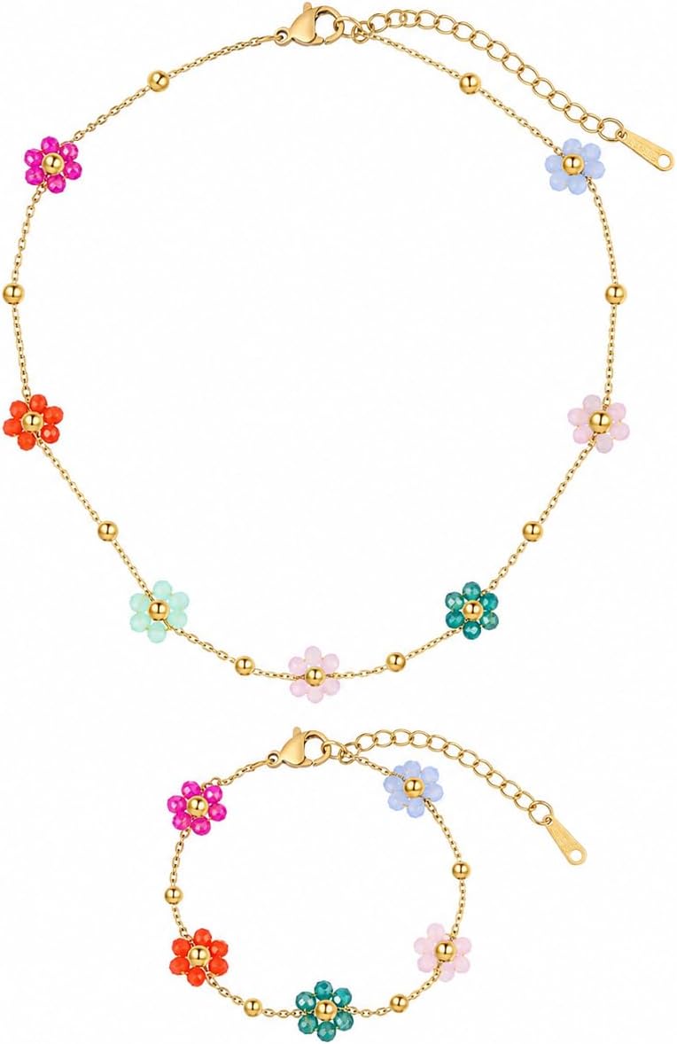 Daisy Flower Necklace & Bracelet Set for Women, 18K Gold Plated Colorful Beaded Boho Jewelry, Adjustable Dainty Gift