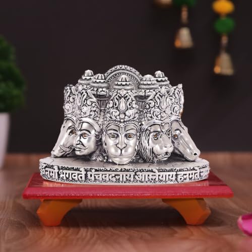 Image of Gold Art India Panchmukhi Hanuman Idol Silver Antique Finish Bust Design Decorative Murti for Home Temple, Car Dashboard, Office & Vastu Decor