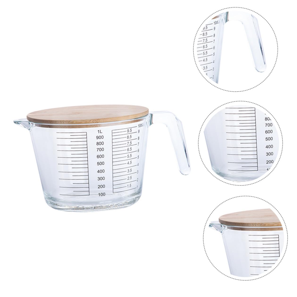 Cabilock Vaso Jarra al Calor Resistente con Vidrio Medidor Tapa Medidora Madera Escala Práctica Medir para Cocina, Adecuado Líquidos y Aceites