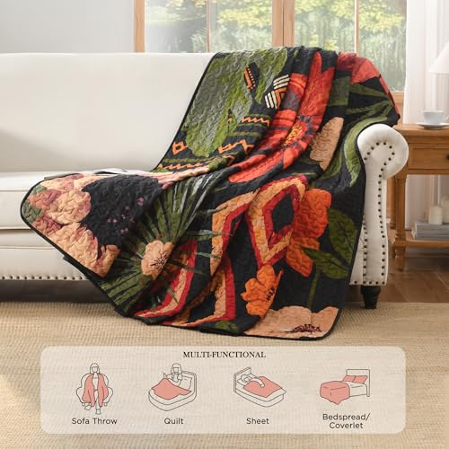 Image of Andency Floral Boho Quilt Super King Plus Size Bedding Set Black, 3 Pieces Farmhouse Flower Botanical Summer Bedspreads with 2 Shams, Soft Reversible Polyester Coverlet Set for All Season, 128 inchx120 inch