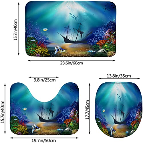 Badezimmerteppich-Set, 3-teilig, Unterwasserwelt, Cartoon-Ozean, Korallenfische, waschbare Badeteppiche, rutschfest, mit Rückenpolster, Konturteppich und Toilettendeckelbezug – Bild 3