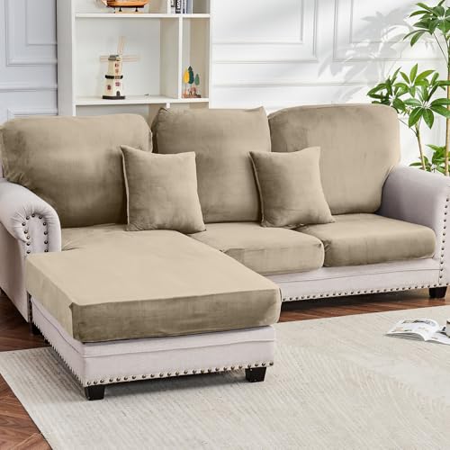 Image of Couch Cover 6-Piece Elastic Velvet Couch Cushion Covers & Chaise Slipcovers for L-Shaped Sofas - Sofa Seat Covers Washable, Soft Cover for Couches (5 Seater + Chaise, Leather Brown)