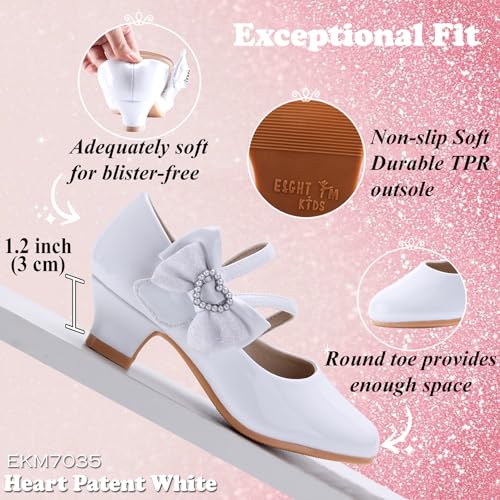 EIGHT KM Girls High Heel Dress Shoes Mary Jane Princess Wedding Party Pump Shoes EKM7035 Patent Leather Heart Pearl Bow White US Toddler Size 82