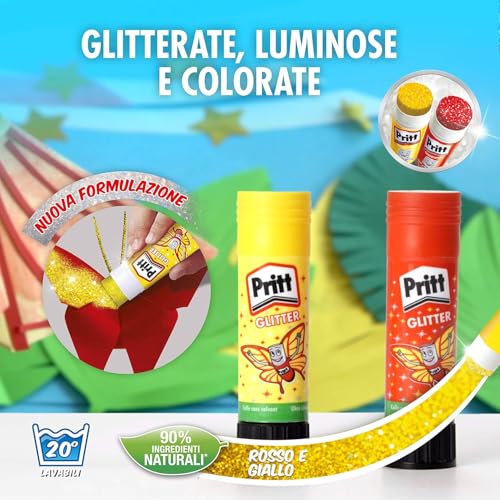 Pritt Klebestift, 2 Glitter Klebestick in Rot und Gelb zu je 20 g, lösungsmittelfreier, kinderfreundlicher Kleber für Kunst und Bastelarbeiten, Klebstoff für Schule & Bürobedarf
