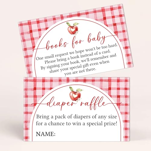 Dualmins 25 Pcs Diaper Raffle Tickets & 25 Pcs Books for Baby Request Cards, The Apple of Our Eye Baby Shower Invitations for Girls Boys, Pink Gingham Gender Reveal Decorations, 3.5 x 2.1 Inch-C19