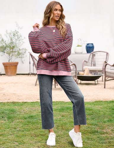 Image of UEU Women Oversized Striped Crewneck Sweatshirt Long Sleeve Color Block Pullover Tops Casual Loose Workout Shirt