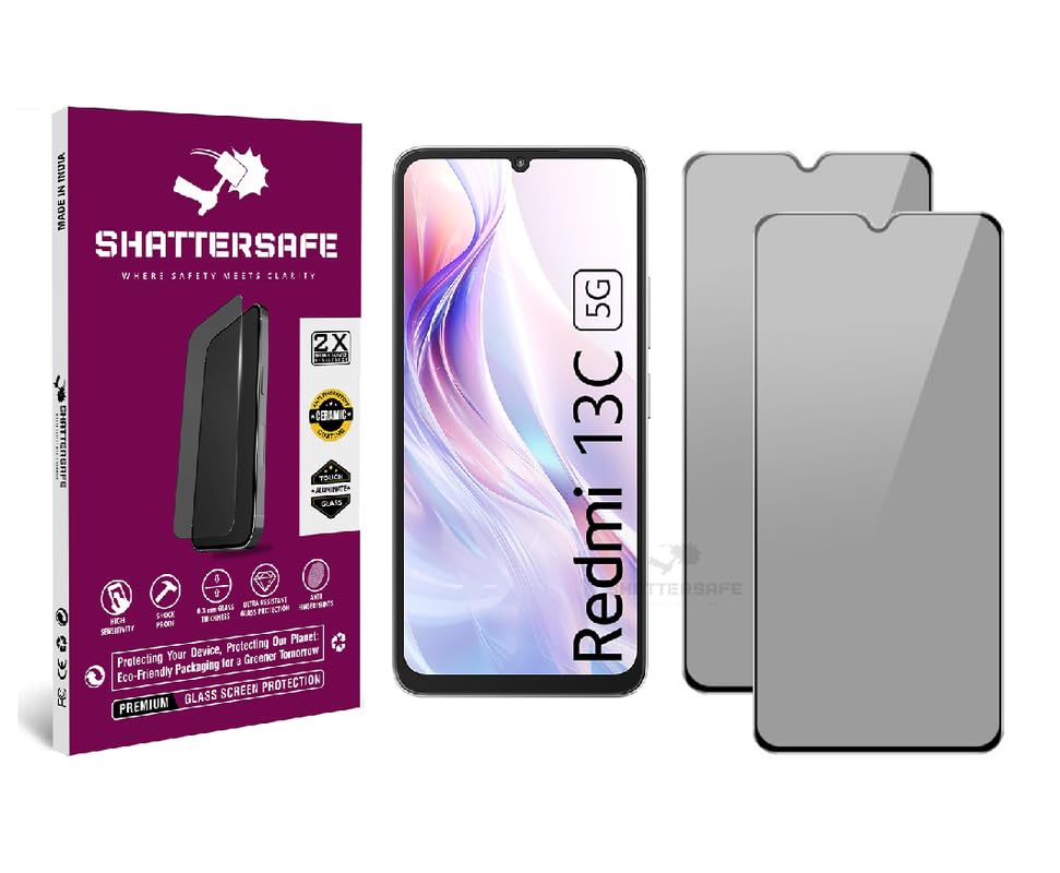 Image of Anti-Spy Privacy Tempered Glass Compatible For Redmi 13C 5G [Pack of 2]. 9H Hardness, Anti-Scratch, Edge-to-Edge Protection With Easy Installation Kit & Case Friendly Fit.