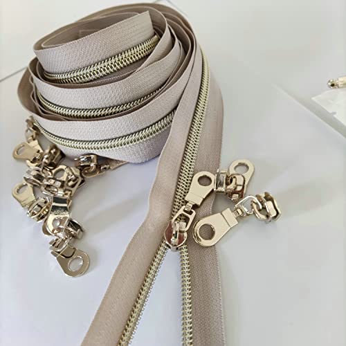 Image of Leekayer #5 Light Gold Teeth Metallic Nylon Coil Zippers by The Yard Bulk 10 Yards Beige Tape with 25pcs Gold Sliders for DIY Sewing Tailor Craft Bag(Beige)