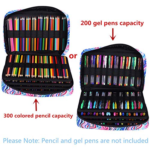 Image of Large Capacity Colored Pencil Case Slot Holds 300 Pencils or 200 Gel Pens with Zipper Closure Nylon Pen Organizer with Handle Strap Pen or Pencil Box for Artis (Blue Wave)