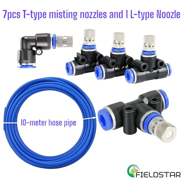 Image of Fieldstar 10Mtr Hose Pipe & 8pc Atomization Misting Fog Nozzles with Tee Connector Suitable for DIY Sanitization Tunnel Fogger Sprayer Watering Irrigation Fogging Mist Kit Sprinkler (8 Nozzles)
