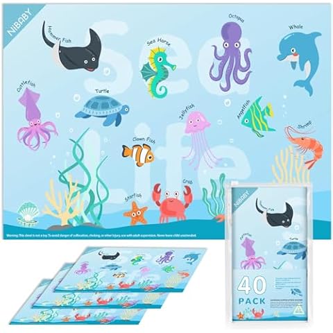 NiBaby Disposable Stick-On Placemats for Baby & Kids 40-Pack, Restaurant Table Mats, Self-Adhesive Place Mats Learning Alphabet Ocean Animal, Toddler Educational Placemats for Dining, 12 x 17.5 Inch Cover