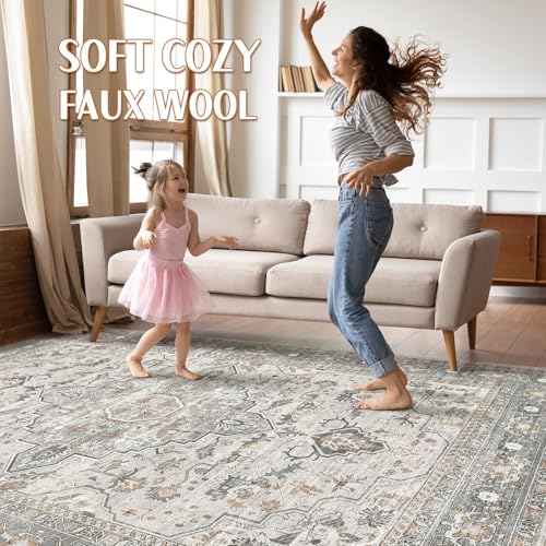 10x14 Area Rugs Living Room: Washable Boho Large Neutral Vintage Soft Rug Stain Resistant Distressed Farmhouse Non-Slip Indoor Floor Carpet for Bedroom Nursery Kids Office Dining Room- Taupe
