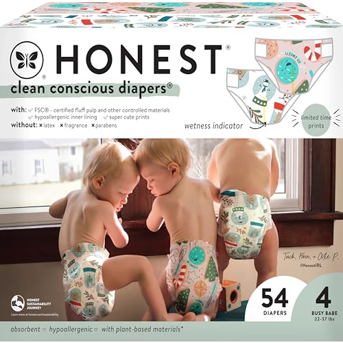 Image of The Honest Company Clean Conscious Diapers | Plant-Based, Sustainable | Winter '24 Limited Edition Prints | Club Box, Size 4 (22-37 lbs), 54 Count