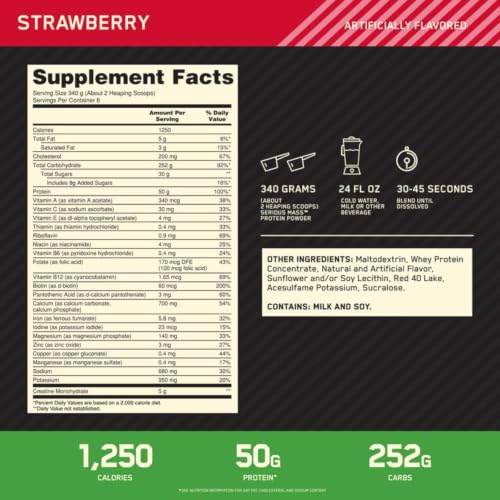 Image of Optimum Nutrition Serious Mass Weight Gainer Protein Powder, Strawberry, 6 Pound (Pack of 4)