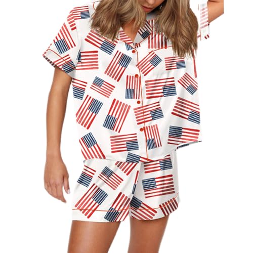 Image of Piacakece 4th of July Women Outfit Short Sleeve Button Shirt Matching Shorts Satin Pajama Sets Women July Fourth Clothes