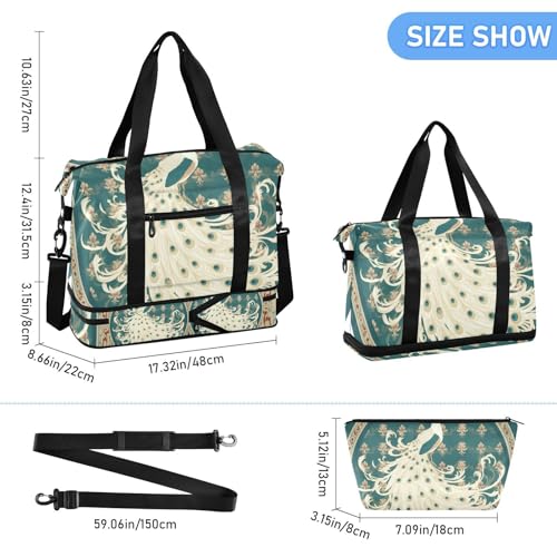 Retro Victorian Style White Peacock Green Sports Tote Gym Bag Overnight Carry On Tote and Luggage with Adjustable Strap for Airplane Traveling Large Capacity3