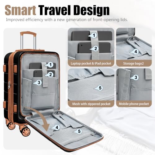 Image of KEYTANG SmileLine 3-Piece Luggage Set Lightweight Hardside Suitcase TSA Lock Spinner Wheels, 20 inch Expandable Carry-On Luggage with Quick Access Front Open Pocket, Bonus Makeup Bag,Apricot Black