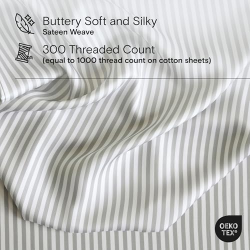 Image of DOZ Sheet Set, 100% Viscose derived from Bamboo, Organically Grown, Buttery Soft, Cooling Sheets, High GSM, Deep Pockets - 3 Piece - 2 Pillowcases 1 Fitted Sheet (Stripe, Full)
