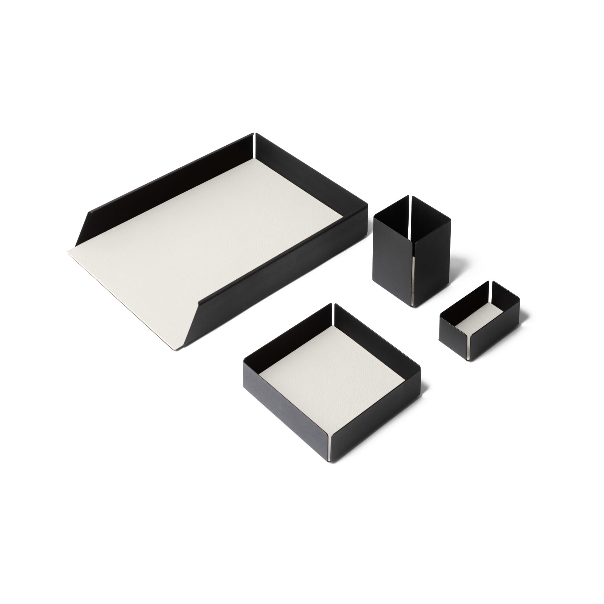 Eglooh - Dafne - Set Scrivania Acciaio Nero Opaco - Fondi Interni in Vera Pelle Bianca - 4 Pezzi: Svuotatasche, Portapenne, Porta Documenti, Porta Biglietti da Visita - Made in Italy