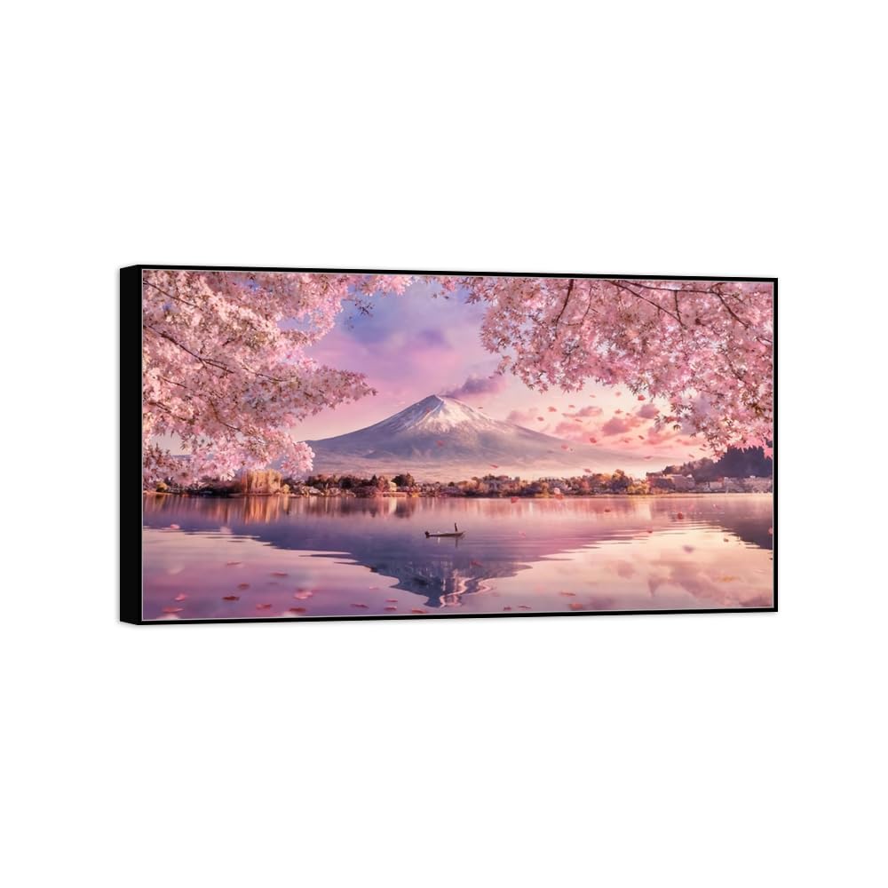 Landscape Canvas Prints Tree Lake Flower. Home Decor 30x55cm Black Frame