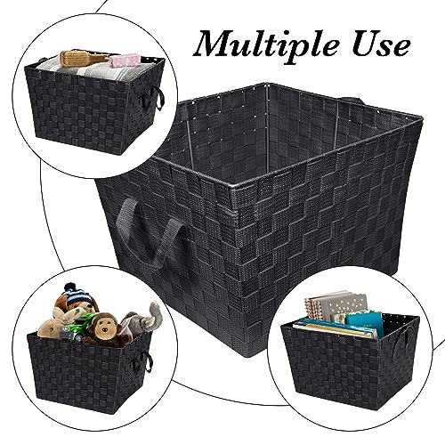 Image of Simplify Large Woven Strap Tote | Decorative Storage Basket | 2 Handles | Organization | Closet | Bedroom | Bathroom | Nursery | Accessories | Toys | Gifts | 2 Pack | Black