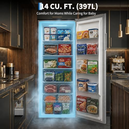 Image of 14 Cu.Ft Upright Freezer, Single Door Stand Up Freezer with Adjustable Shelves, Mechanical Temperature Control, Freestanding Deep Freezer for Garage, Kitchen, Home Use