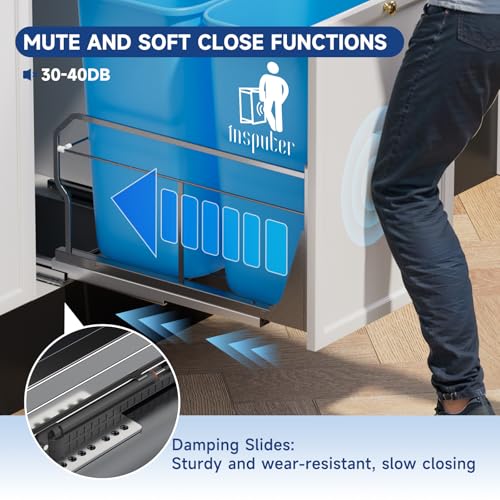 Image of Insputer Dual Pull Out Trash Can Under Cabinet with Push to Open Slide Grey | Soft-Close Slide, Heavy Duty, Not Included Bin, Under Sink Garbage Can Kit for Kitchen, Laundry, Requires 18 inchW X 24 inchD Cabinet