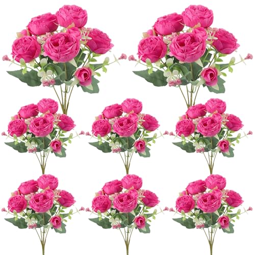 Image of 8 Pack Hot Pink Peonies Artificial Flowers, Fake Silk Hydrangea Bouquet for Bridal Wedding Home Table Decor Reusable Dining Opening Ceremony Birthday Arrangement Faux Floral