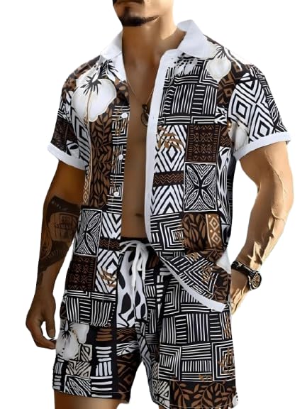 Men’s Printed Co-Ord Set | Plus Size Casual Shirt & Shorts Set | Nightwear Pajama Suit, Loungewear, Beachwear & Vacation Outfit Design No NS Sky 05 Brown-picture-19