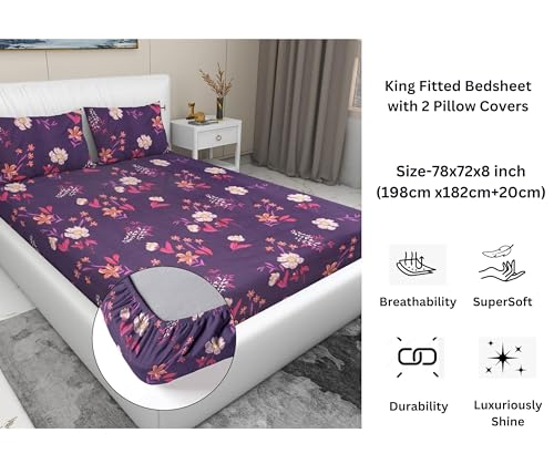 Image of RD TREND Presents Elastic Bedsheets for King Size Bed (78X72X8 Inch),Glace Cotton 210 TC with 2 Pillow Covers(18 X 28 Inch) Color- Purple White Pattern-Floral