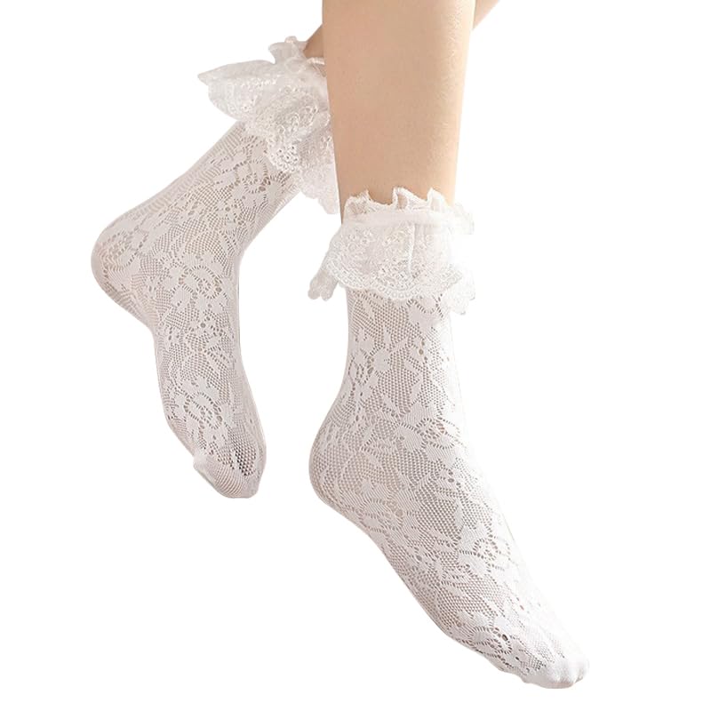 Littleforbig Ruffle Cuff Lacy Frilly Rose Pattern Fishnet Socks 2 Pairs - Black & White2