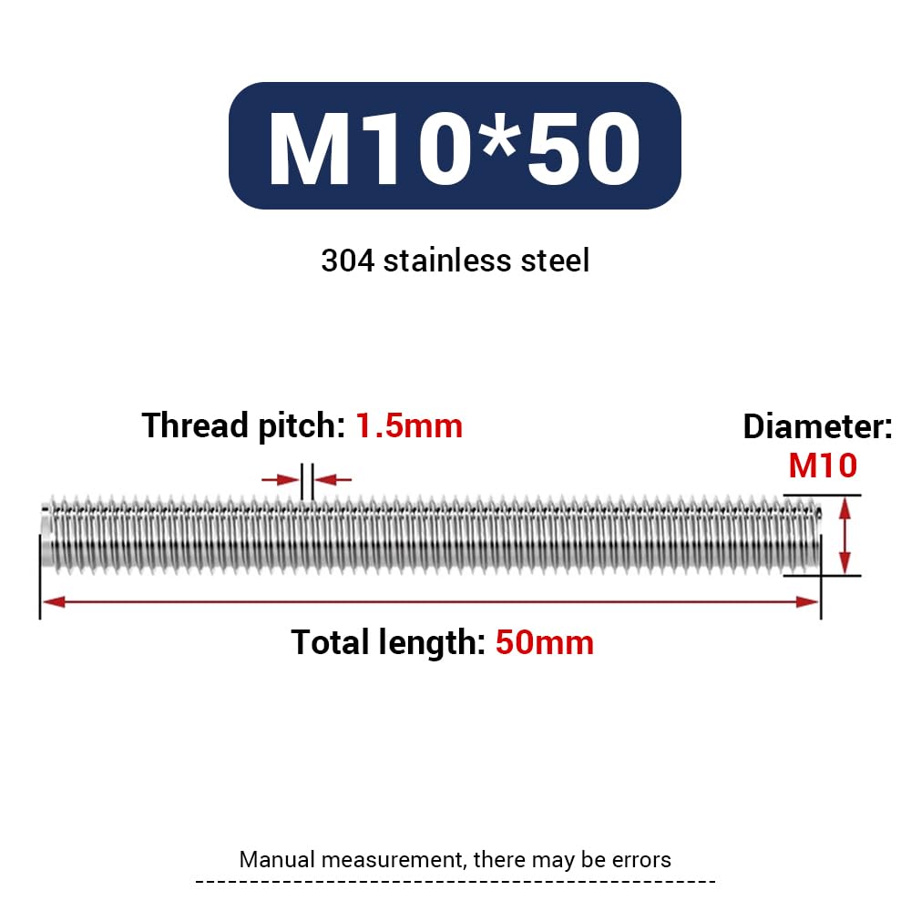 15 pezzi M10*50mm perno completamente filettato, barra filettata lunga in acciaio inossidabile 304 per elementi di fissaggio per la manutenzione industriale dei mobili