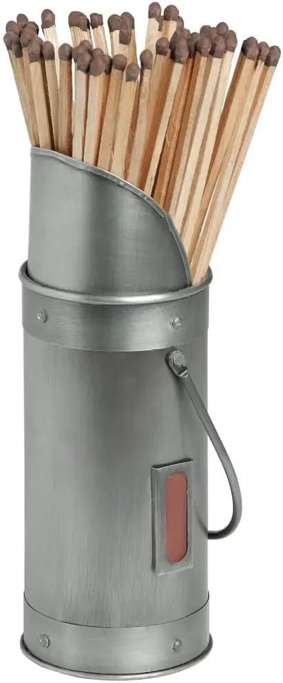 Hill 1975 Antique Pewter Holder with 60 Matches, Wood, Steel, Mixed, 7 x 7 x 20cm