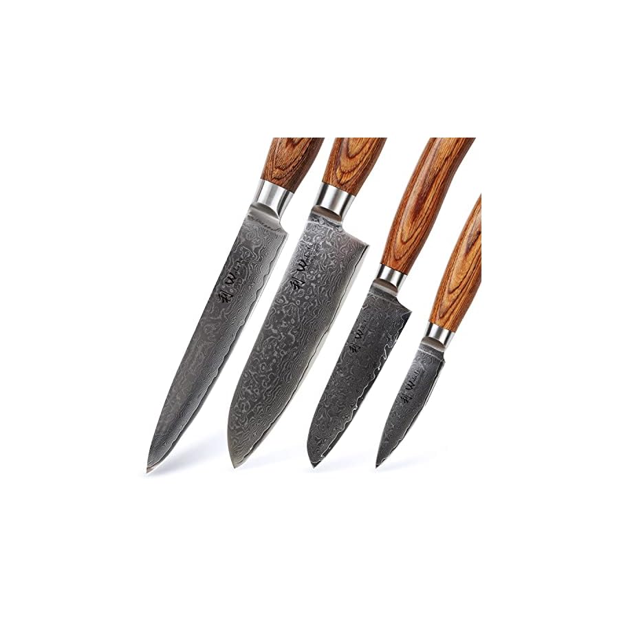 Wakoli-Edib-pro-4-pcs-Damascus-Knife-Set-made-of-Japanese-Damascus-Steel-with-VG10-Core-I-Professional-Kitchen-Chef-Knife-Set-with-brown-Pakka-Wood-Handle-in-Wooden-Gift-Box Wakoli Kitchen Knife Set, 4 Pieces Professional Chef Knife Set made from 67 Layers of Damascus Steel with VG10 Core, Damascus Knife with Ergonomic Pakkawood Handles in Wooden Gift Box (EDIB Pro 4-pcs)