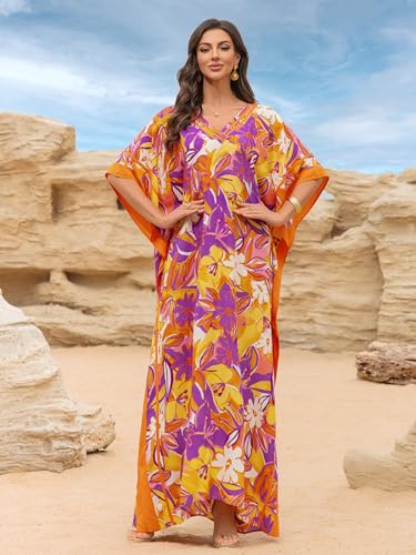 Image of KECVOT Kaftan Dresses for Women V-Neck Print Swimsuit Cover Up Plus Size Beach Caftan Lounge Dress