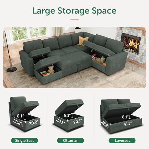 Image of HONBAY Modular Sectional Sleeper Sofa with Pull Out Bed, Corduroy Couch with Storage Seats Ottoman, U Shaped Sectional Couches for Living Room, Green